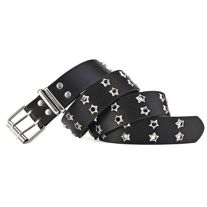 Schwarzer Ledergürtel mit silbernen Nieten, modisch, robust, Unisex-Accessoire.