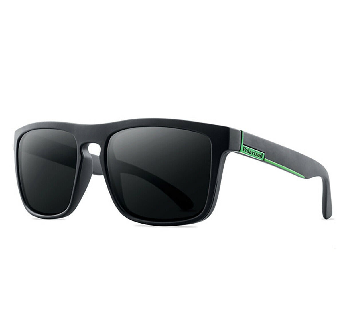 Schwarze Sonnenbrille mit grünen Akzenten, polarisiert, Unisex, modisch, UV-Schutz.