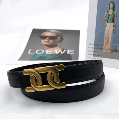 Schwarzer Ledergürtel mit goldener Schnalle, modisch, elegant, Damenaccessoire.