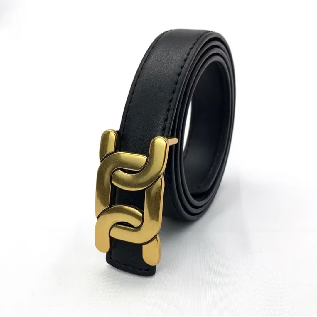 Schwarzer Ledergürtel mit goldener Schnalle, modisch, elegant, Accessoire für Herren.