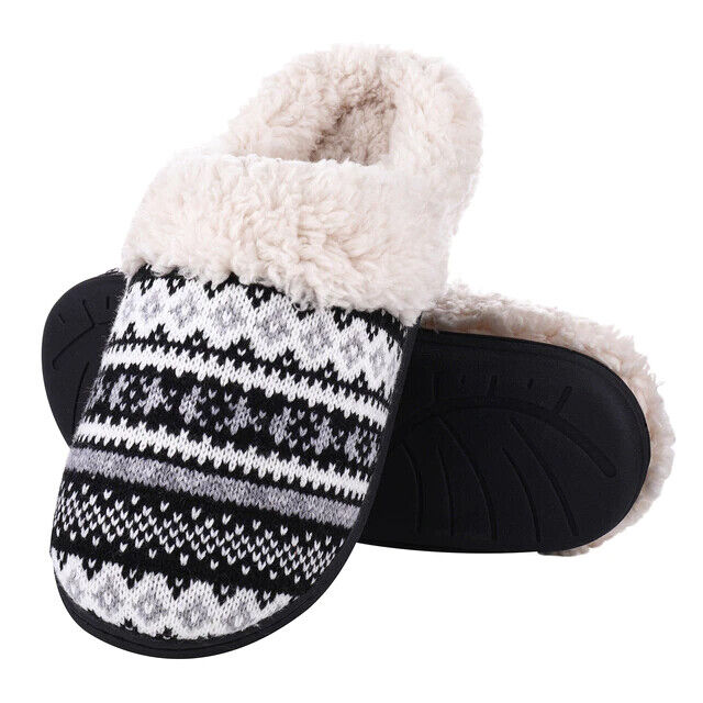 Schwarze Hausschuhe mit Norwegermuster, flauschigem Futter und rutschfester Sohle für Damen.