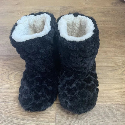 Schwarze Plüsch-Hausschuhe mit weißem Futter, rutschfest, warm, gemütlich, Damenmode.