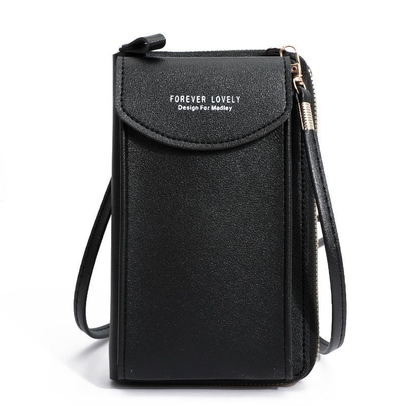 Schwarze Leder-Handytasche mit Reißverschluss und Schulterriemen, elegant und praktisch.