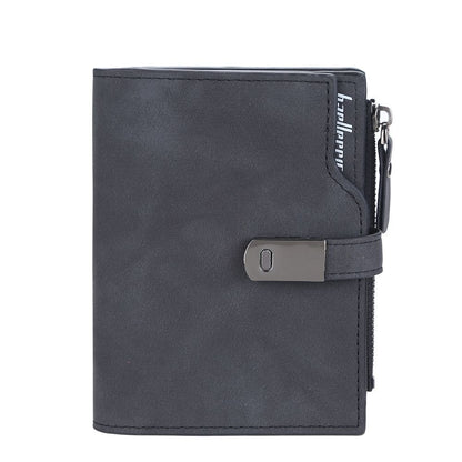 Schwarze Herren-Geldbörse aus Leder mit Reißverschluss und Schnalle, elegant und funktional.