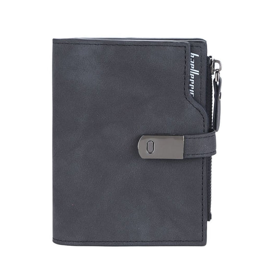 Schwarze Herren-Geldbörse aus Leder mit Reißverschluss und Schnalle, elegant und funktional.
