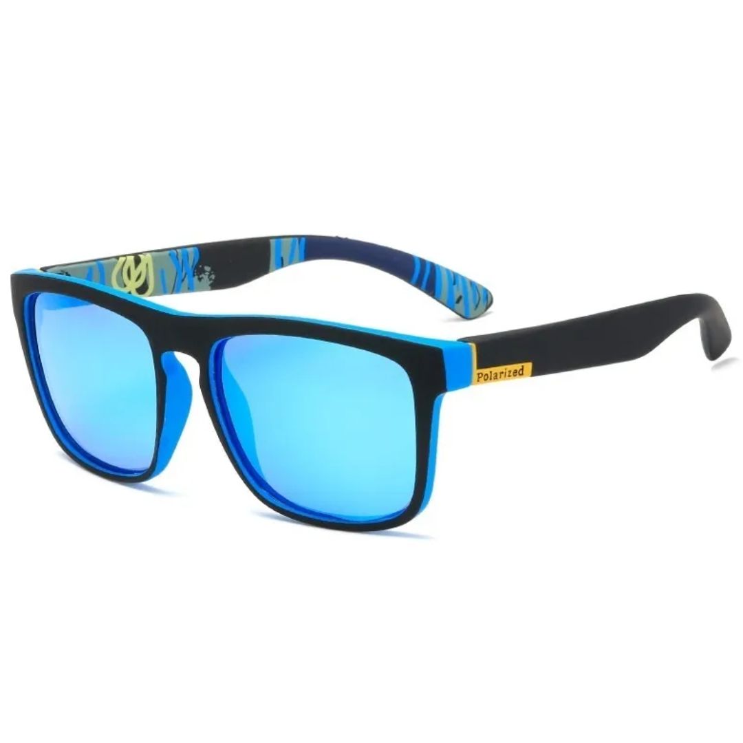 Polarisierte Sonnenbrille, blaues Spiegelglas, schwarzer Rahmen, modisches Accessoire.