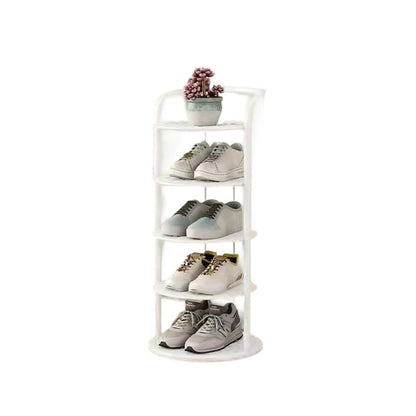 Vitt skoställ med fem hyllplan, sneakers och en liten kruka överst, mot vit bakgrund 11