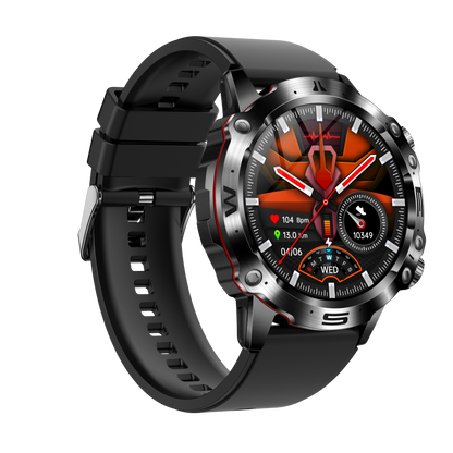 Schwarze Smartwatch mit Edelstahlgehäuse, Herzfrequenzmesser, Fitness-Tracker, rundes Display.