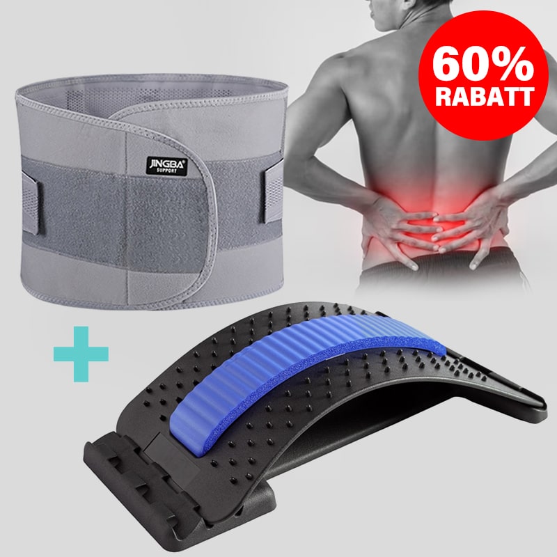 Grau-blauer Rückenstrecker und grauer Rückenstützgürtel, 60% Rabatt, Schmerzlinderung.