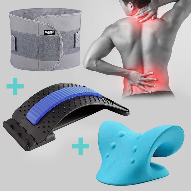 Rückenstützgürtel, Rückentrainer und Nackenstütze, grau, blau, schwarz, für Schmerzlinderung.