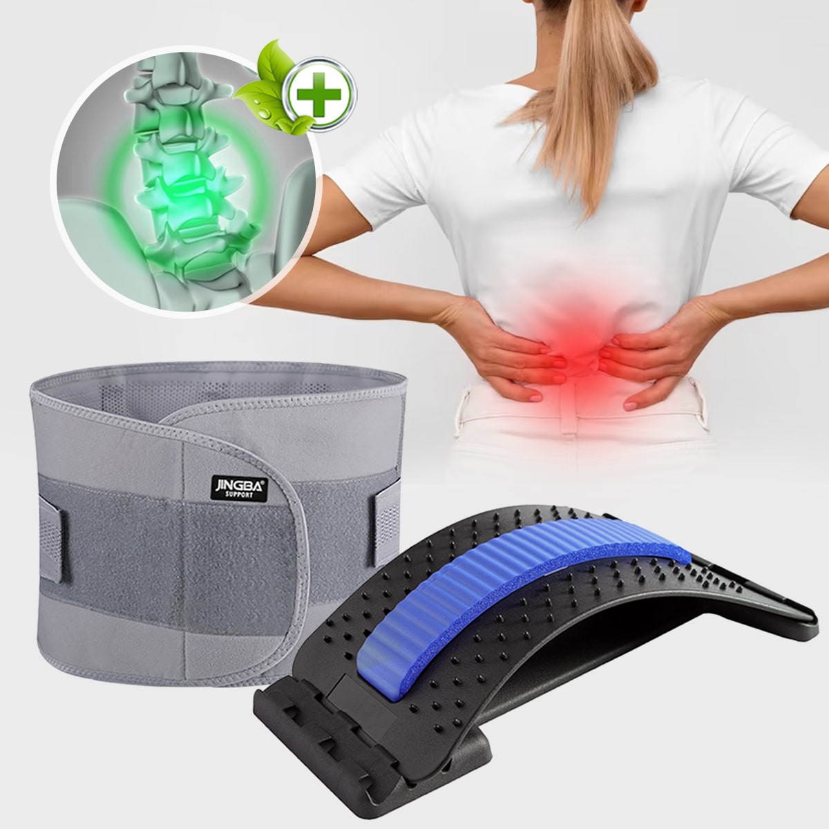 Rückenstützgürtel und Dehner für Schmerzlinderung, ergonomisch, grau und schwarz, Frau hält Rücken.