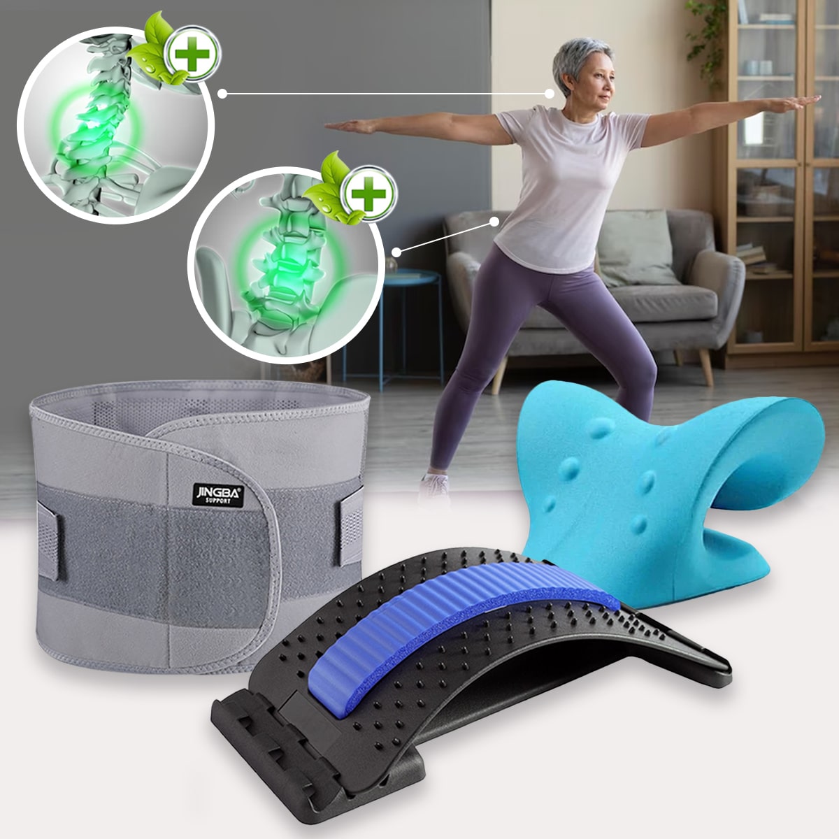 Seniorin beim Yoga mit Rückenstütze, Wirbelsäulenstrecker und Lendenwirbelstütze, Fitnessprodukte.