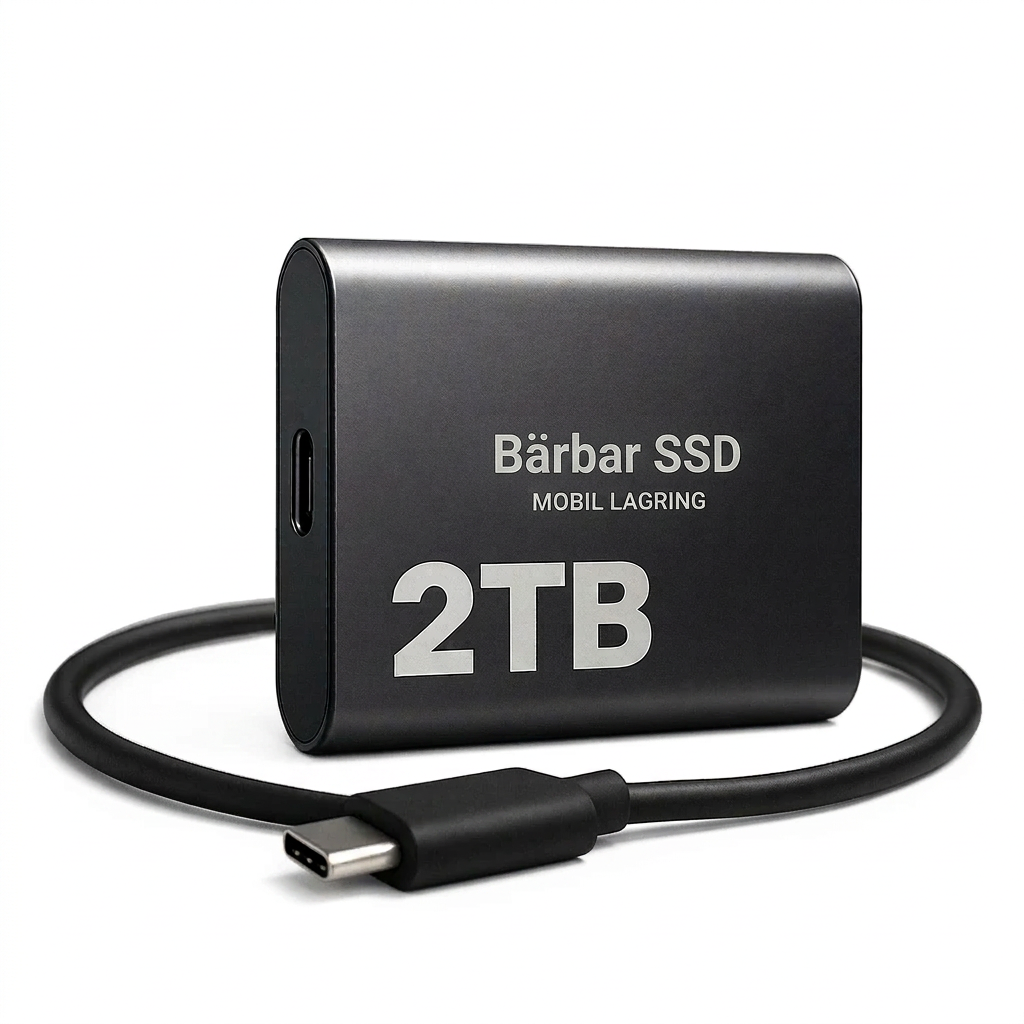 Svart extern SSD i metall med ihopringlad svart USB-C-kabel på vit bakgrund 1