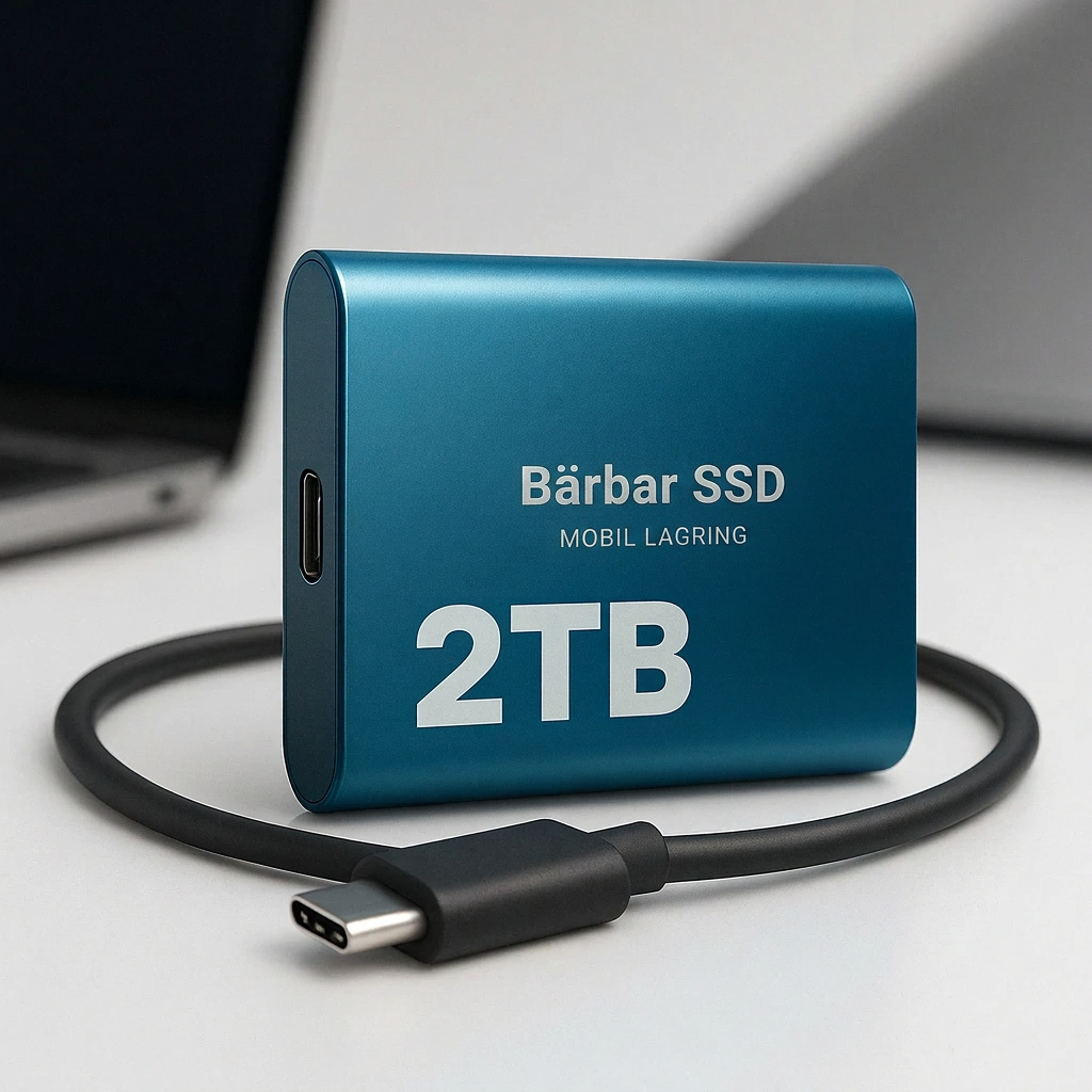 Blå extern SSD med USB-C-kabel på ett vitt bord framför en bärbar dator 2