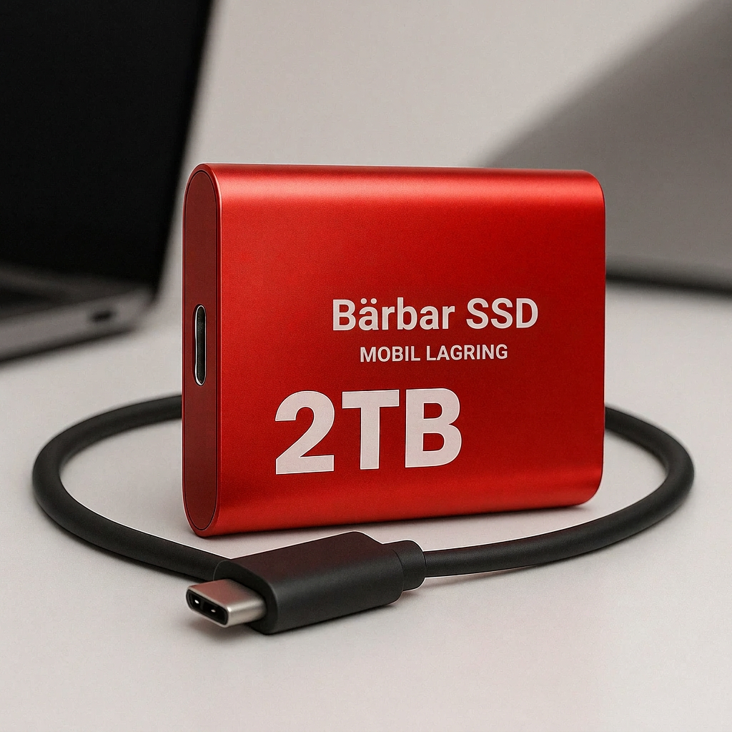 Röd extern SSD med USB-C-kabel på ett bord med en bärbar dator i bakgrunden 3