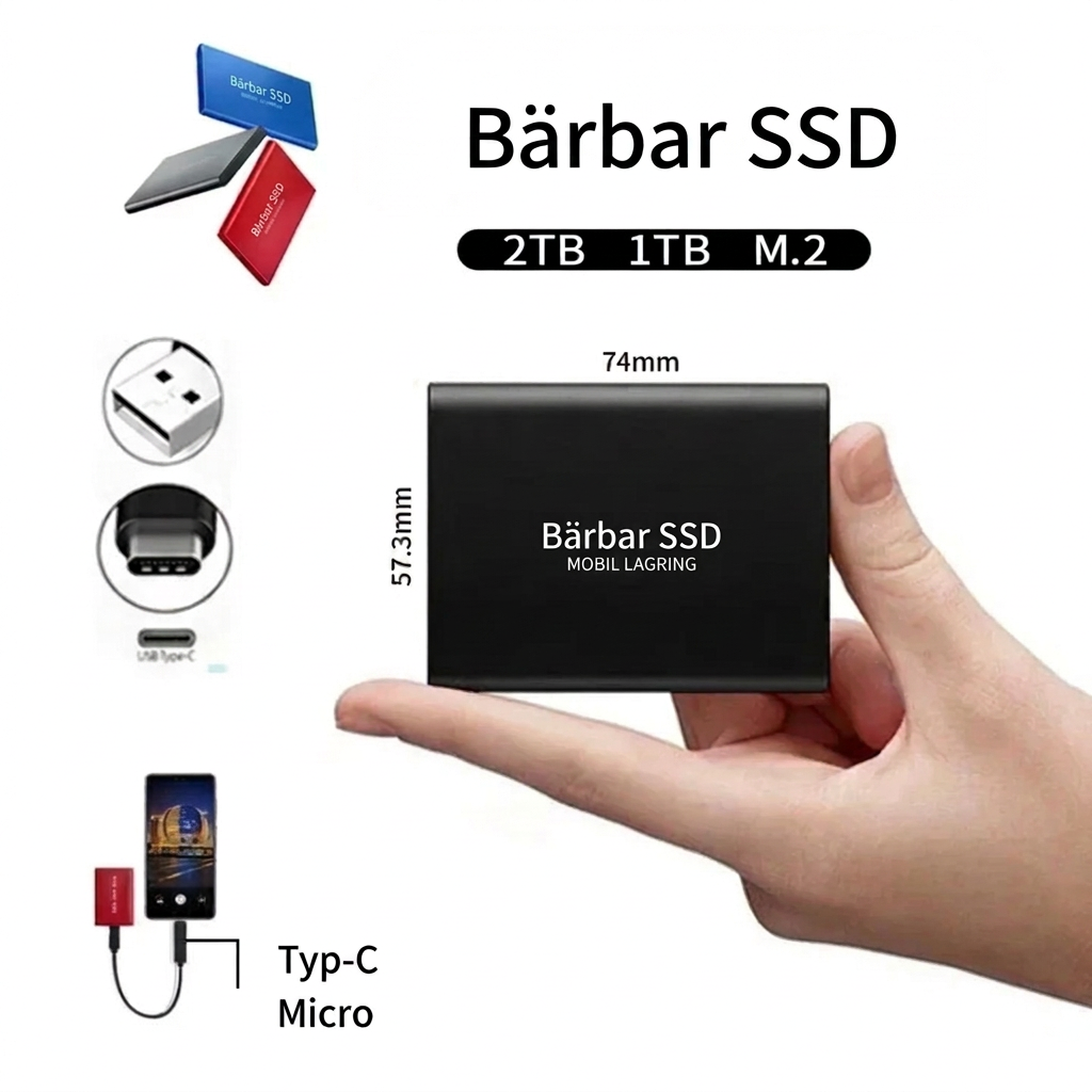 Svart SSD hållen i en hand för storleksjämförelse, med mått och anslutningstyper 4