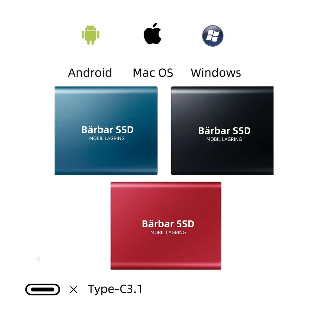 Blå, svart och röd SSD bredvid ikoner för Android, Mac och Windows samt USB-C 5