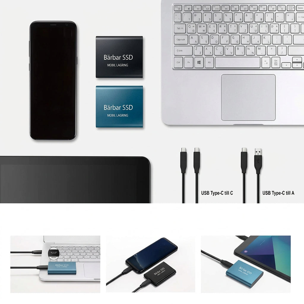 Två SSD-enheter bredvid mobil, laptop och kablar, med exempel på anslutning till dator, telefon och surfplatta 6