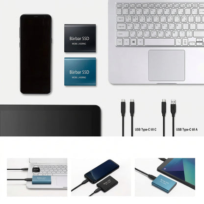 Två SSD-enheter bredvid mobil, laptop och kablar, med exempel på anslutning till dator, telefon och surfplatta 6