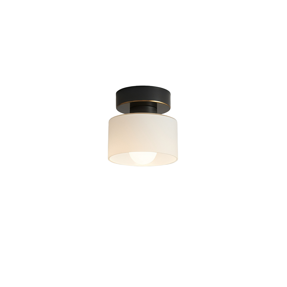 Takspotlight med svart takplatta och vit cylinderformad skärm, tänd glödlampa syns underifrån, fotograferad mot vit bakgrund. 1