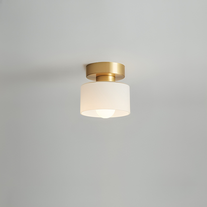 Takspotlight med guldfärgat fäste och vit cylinderskärm med tänd glödlampa, närbild mot ljusgrå bakgrund. 6