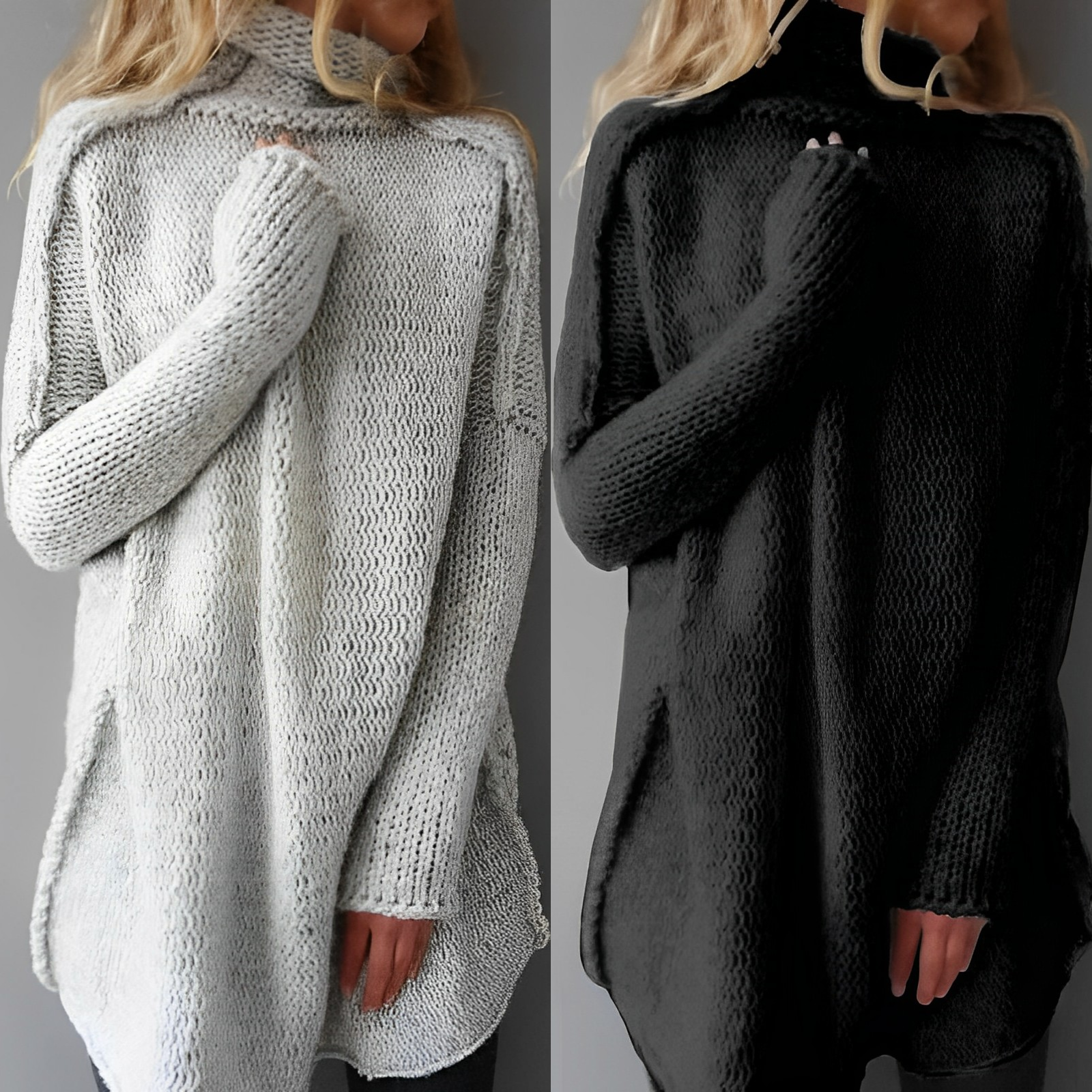 Zwei Damenpullover, grob gestrickt, in Weiß und Schwarz, langärmelig, Rollkragen.
