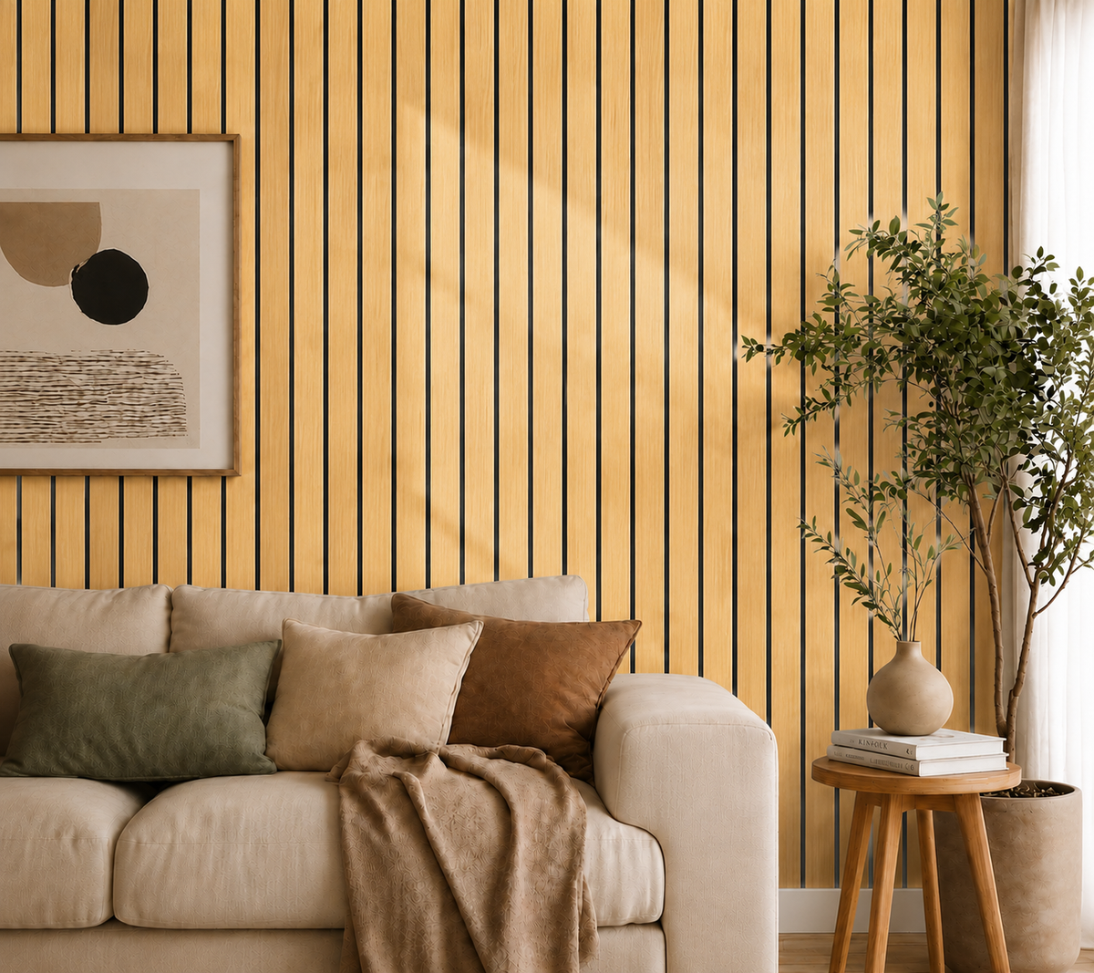 Ljus träfärgad ribbvägg i vardagsrum med beige soffa, tavla, kuddar och en stor växt 35