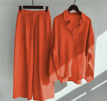 Rotes Leinenhemd und Hose Set, Damenmode, lässig, bequem, Sommerkleidung, minimalistisch.