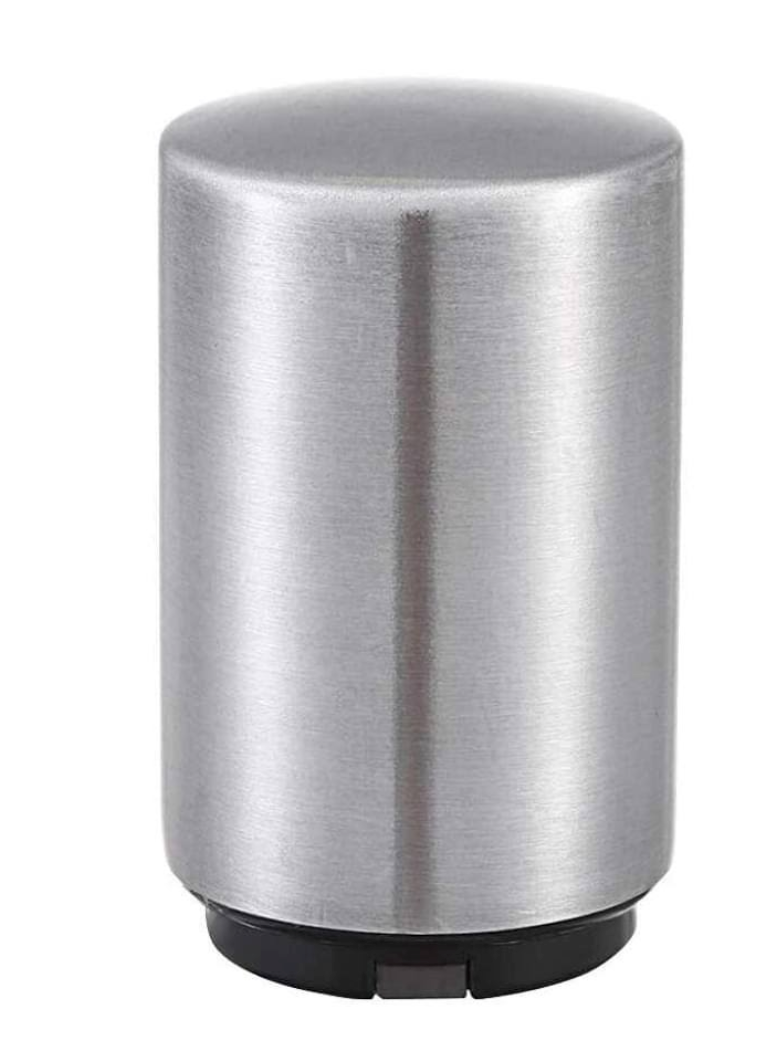 Silberner Edelstahl-Seifenspender, zylindrisch, modern, für Badezimmer oder Küche.