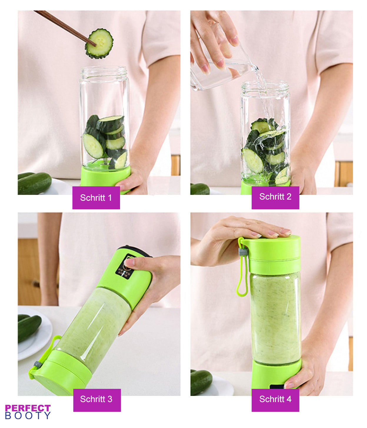Tragbarer grüner Smoothie-Mixer, Glasbehälter, Zubereitung von Gurken-Smoothie, Schritt-für-Schritt-Anleitung.