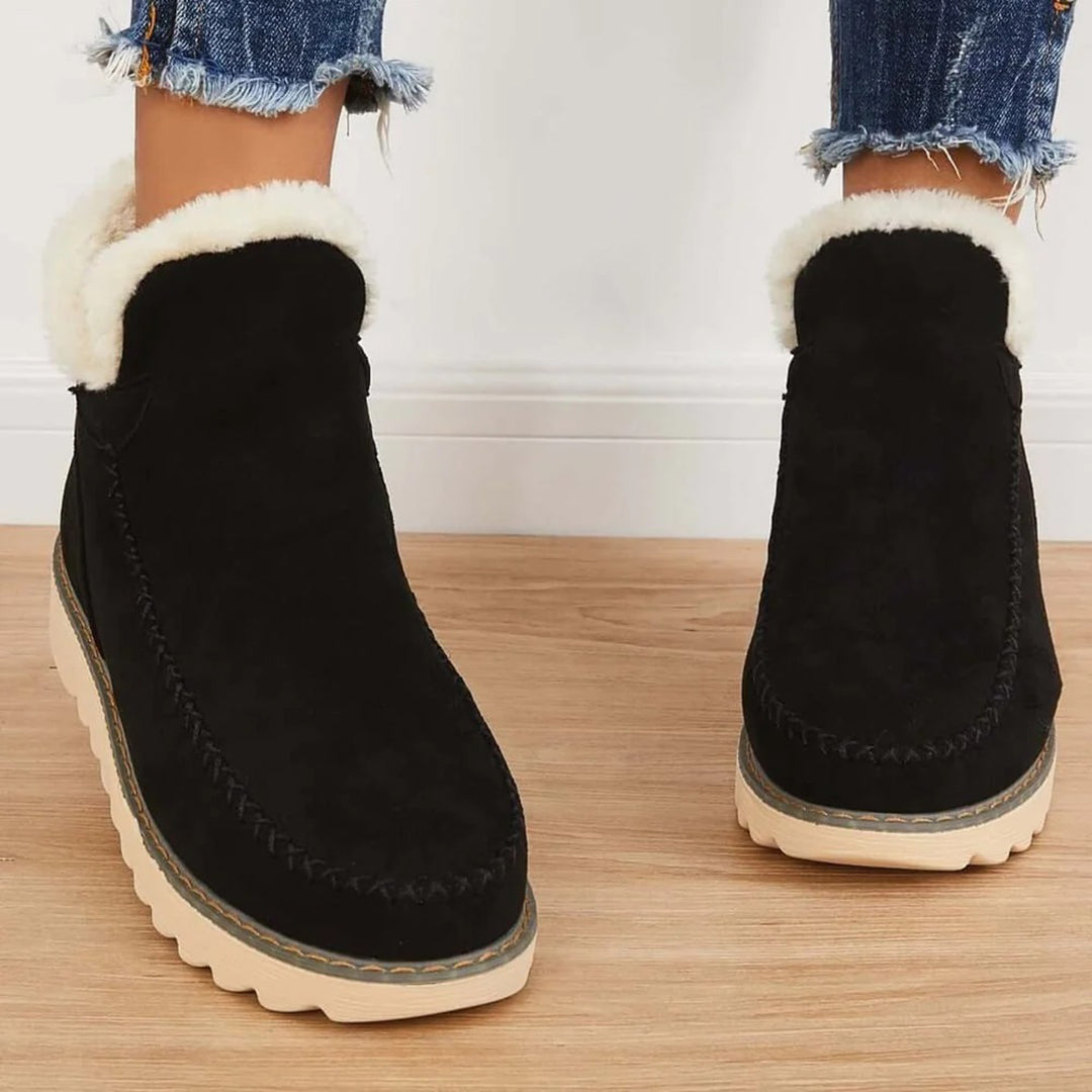 Schwarze Damen-Winterstiefel, gefüttert, rutschfeste Sohle, modisch, bequem, warm.