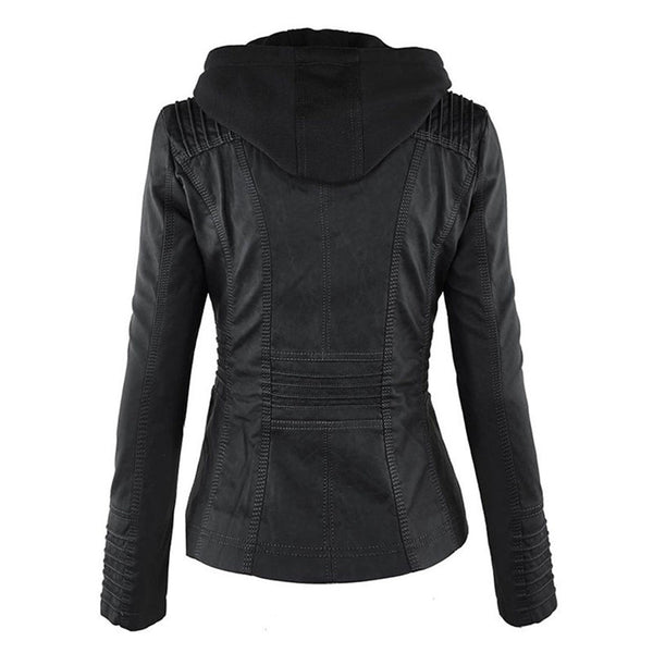 Schwarze Damen-Lederjacke mit Kapuze, Rückansicht, modisch, elegant, hochwertiges Material.