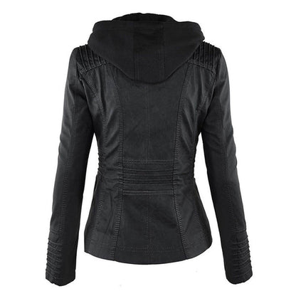 Schwarze Damen-Lederjacke mit Kapuze, Rückansicht, modisch, elegant, hochwertiges Material.