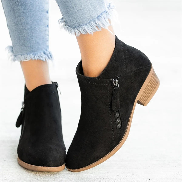 Schwarze Wildleder-Stiefeletten Damen, Reißverschluss, niedriger Absatz, modisch, bequem.