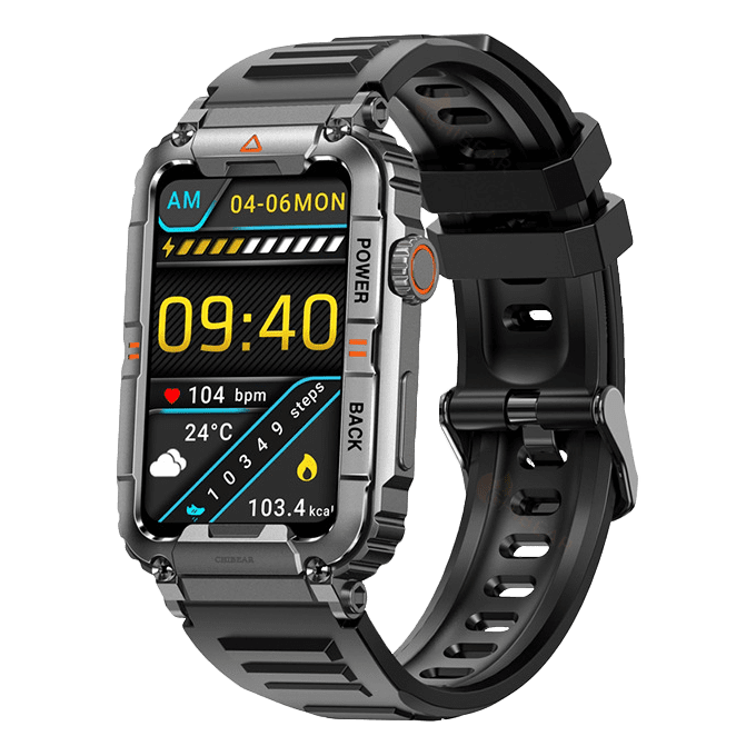 Schwarze Smartwatch mit Metallgehäuse, Fitness-Tracker, Herzfrequenzmesser, wasserdicht.