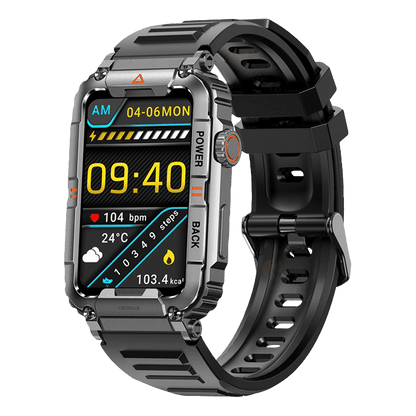 Schwarze Smartwatch mit Metallgehäuse, Fitness-Tracker, Herzfrequenzmesser, wasserdicht.
