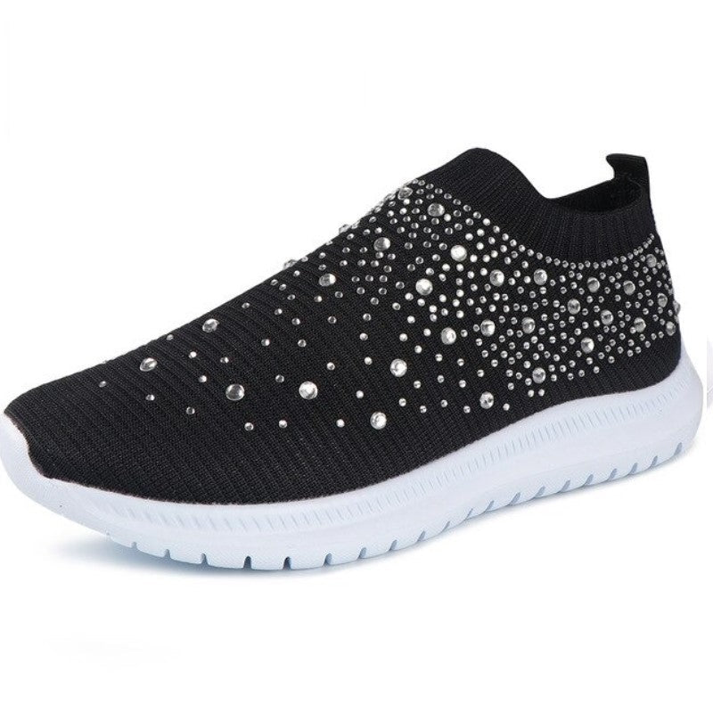 Schwarzer Sneaker mit Strasssteinen, Damen, rutschfest, atmungsaktiv, modisch, bequem.
