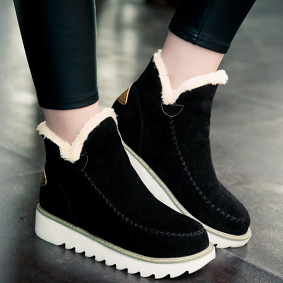Schwarze Damen-Winterstiefel mit weißem Kunstfell, rutschfeste Sohle, modisch und warm.