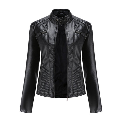 Schwarze Lederjacke für Damen, Biker-Stil, Reißverschluss, Stehkragen, modisch.