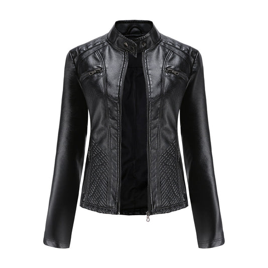 Schwarze Lederjacke für Damen, Biker-Stil, Reißverschluss, Stehkragen, modisch.