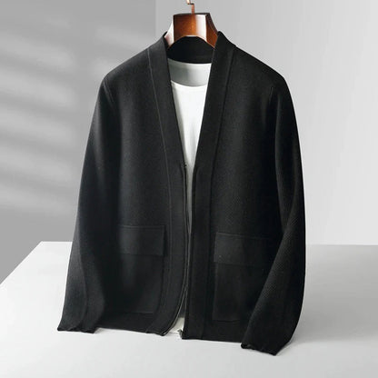 Schwarze Strickjacke aus Baumwolle, Herrenmode, lässig, elegant, mit Reißverschluss.