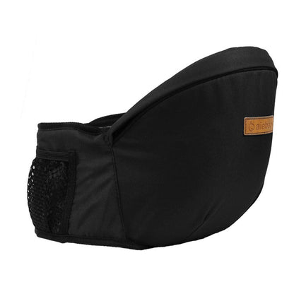 Schwarzer Baby-Hüftsitz, ergonomisch, atmungsaktiv, mit Seitentasche, ideal für Eltern.