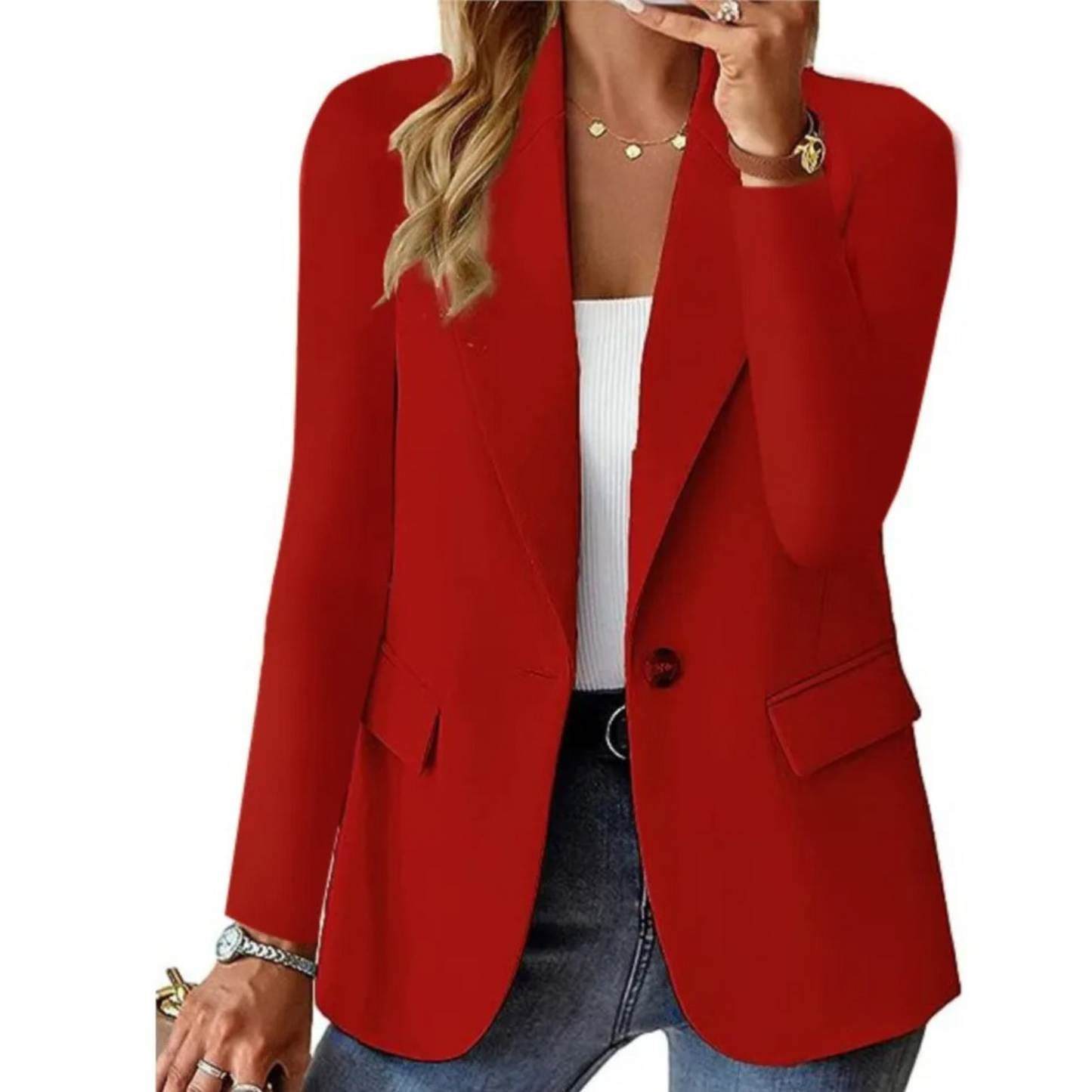 Roter Damenblazer, elegantes Design, tailliert, für Business und Freizeit.