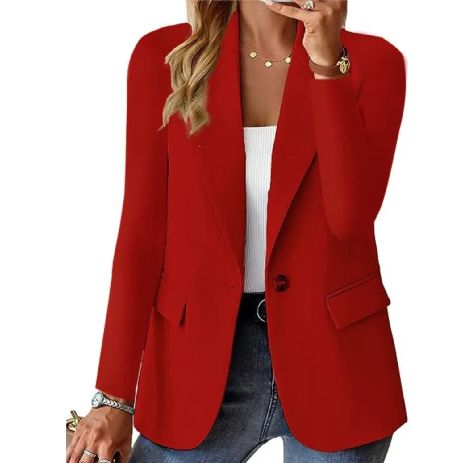Roter Damenblazer, elegantes Design, tailliert, für Business und Freizeit.