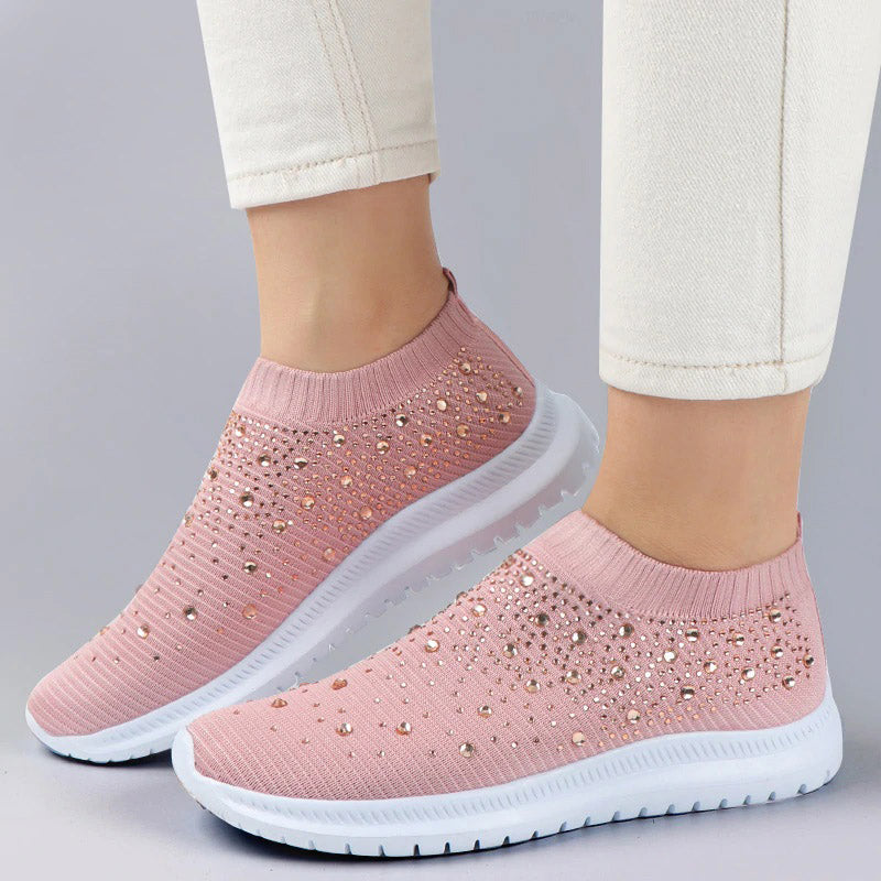 Rosa Damen-Sneaker mit Strasssteinen, atmungsaktiv, rutschfest, modisch, bequem.