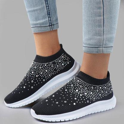 Schwarze Damen-Sneaker mit Strasssteinen, elastisch, modisch, bequem, Freizeitmode.