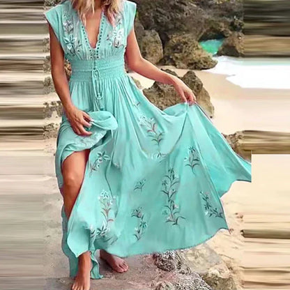 Boho sommarmidiklänning med V-ringning och luftig design – Talia