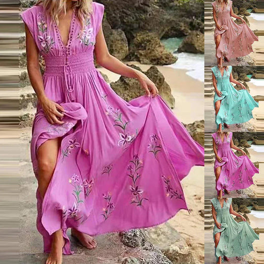 Boho sommarmidiklänning med V-ringning och luftig design – Talia