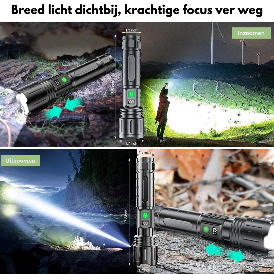 Collage som visar ficklampans zoomfunktion: bred ljuskägla på nära håll och smal, kraftfull stråle långt bort, med måttangivelser. 2