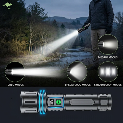 Person med ficklampa vid en å i skymningen, med ljuslägena turbo, medium, bred flood och stroboskop i cirklar, plus detaljbild. 3
